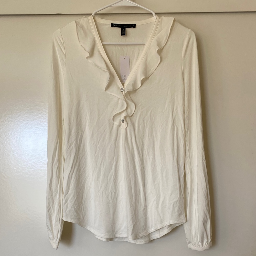 White House black market Cream Ruffle V-Neck Long Sleeve Top